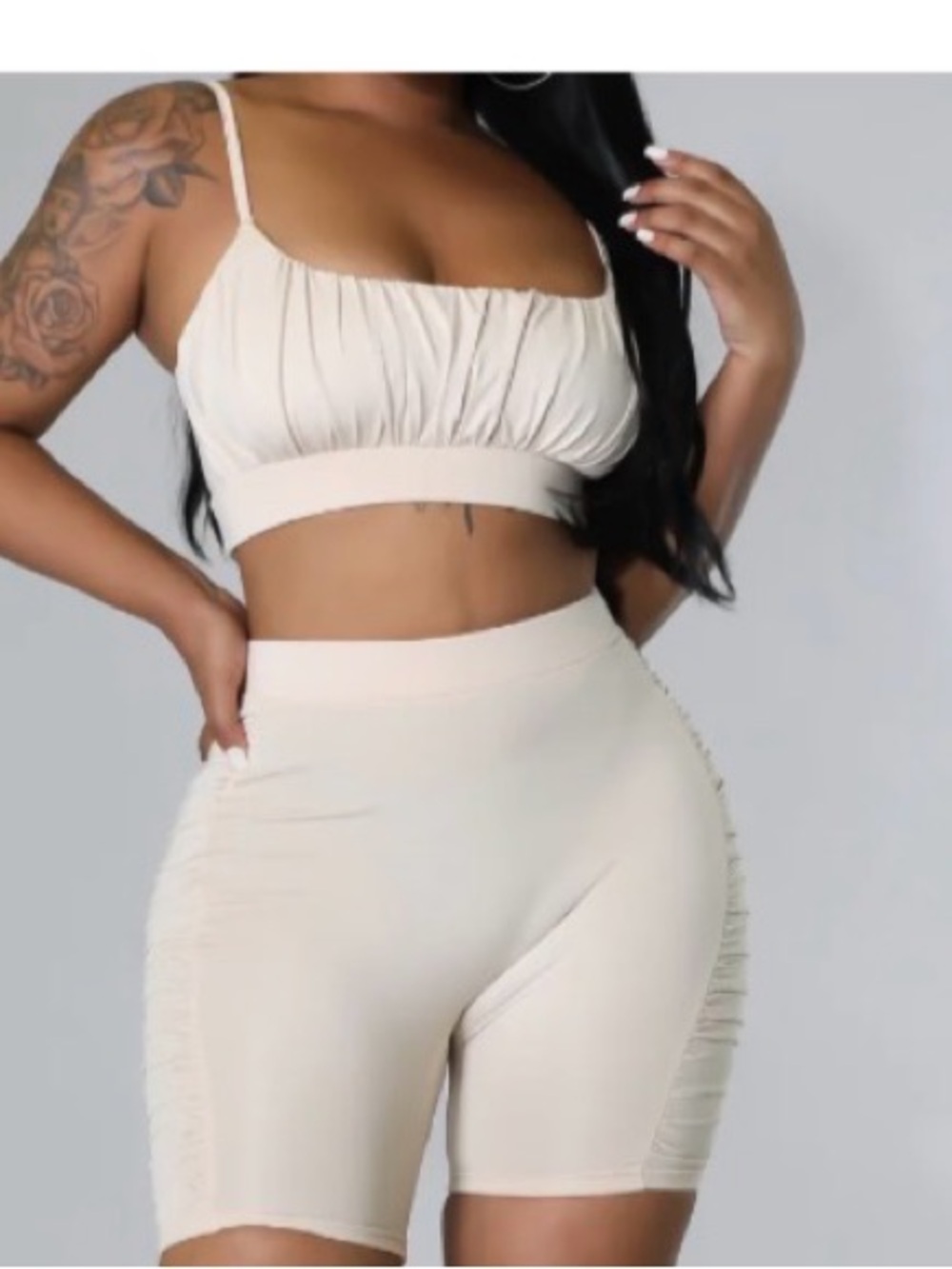High-Waist Cream Ruched top and Bike Shorts — Comfortable Sculpting Fit
